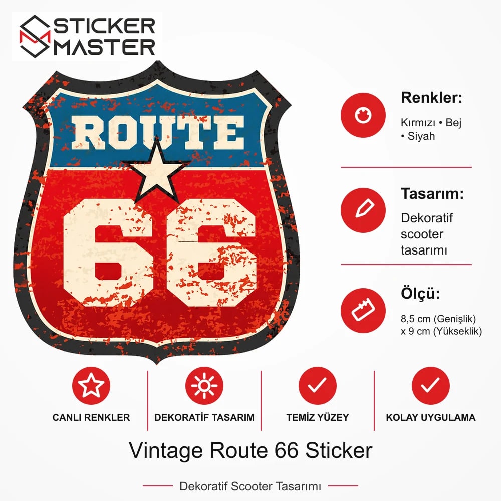 Vespa Uyumlu ROU8 Vintage Route 66 Sticker VSP1020 ölçü, renk ve ürün bilgisi - 8,5 cm (Genişlik) x 9 cm (Yükseklik) - Sticker Master