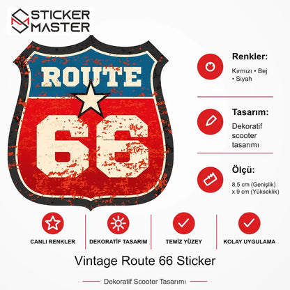 Vespa Uyumlu ROU8 Vintage Route 66 Sticker VSP1020 ölçü, renk ve ürün bilgisi - 8,5 cm (Genişlik) x 9 cm (Yükseklik) - Sticker Master