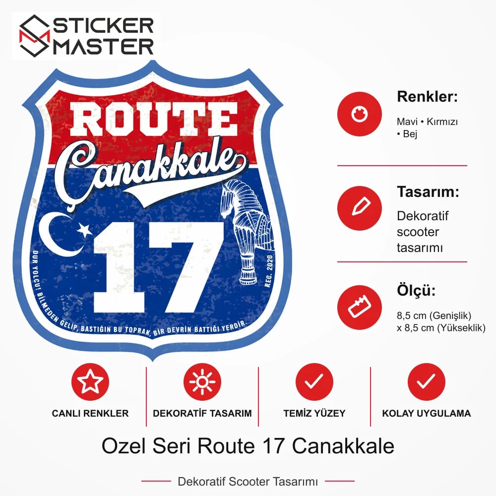 Vespa Uyumlu ROU96 Ozel Seri Route 17 Canakkale Sticker VSP1622 ölçü, renk ve ürün bilgisi - 8,5 cm (Genişlik) x 8,5 cm (Yükseklik) - Sticker Master