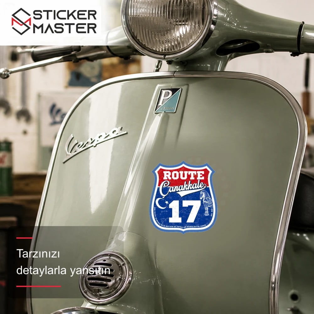 Vespa Uyumlu ROU96 Ozel Seri Route 17 Canakkale Sticker VSP1622 scooter üzerinde uygulama örneği - Sticker Master