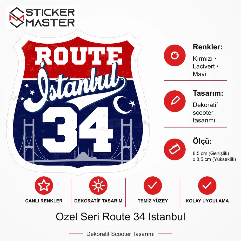 Vespa Uyumlu ROU97 Ozel Seri Route 34 Istanbul Sticker VSP1627 ölçü, renk ve ürün bilgisi - 8,5 cm (Genişlik) x 8,5 cm (Yükseklik) - Sticker Master