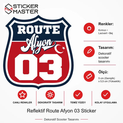 Vespa Uyumlu ROUP15 Reflektif Route Afyon 03 Sticker VSP1472 ölçü, renk ve ürün bilgisi - 5 cm (Genişlik) x 5,5 cm (Yükseklik) - Sticker Master