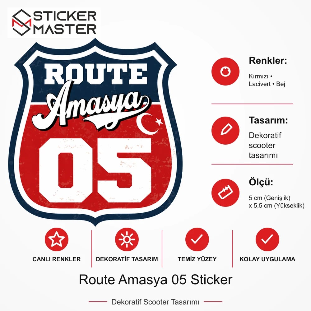 Vespa Uyumlu ROUP17 Route Amasya 05 Sticker VSP1474 ölçü, renk ve ürün bilgisi - 5 cm (Genişlik) x 5,5 cm (Yükseklik) - Sticker Master