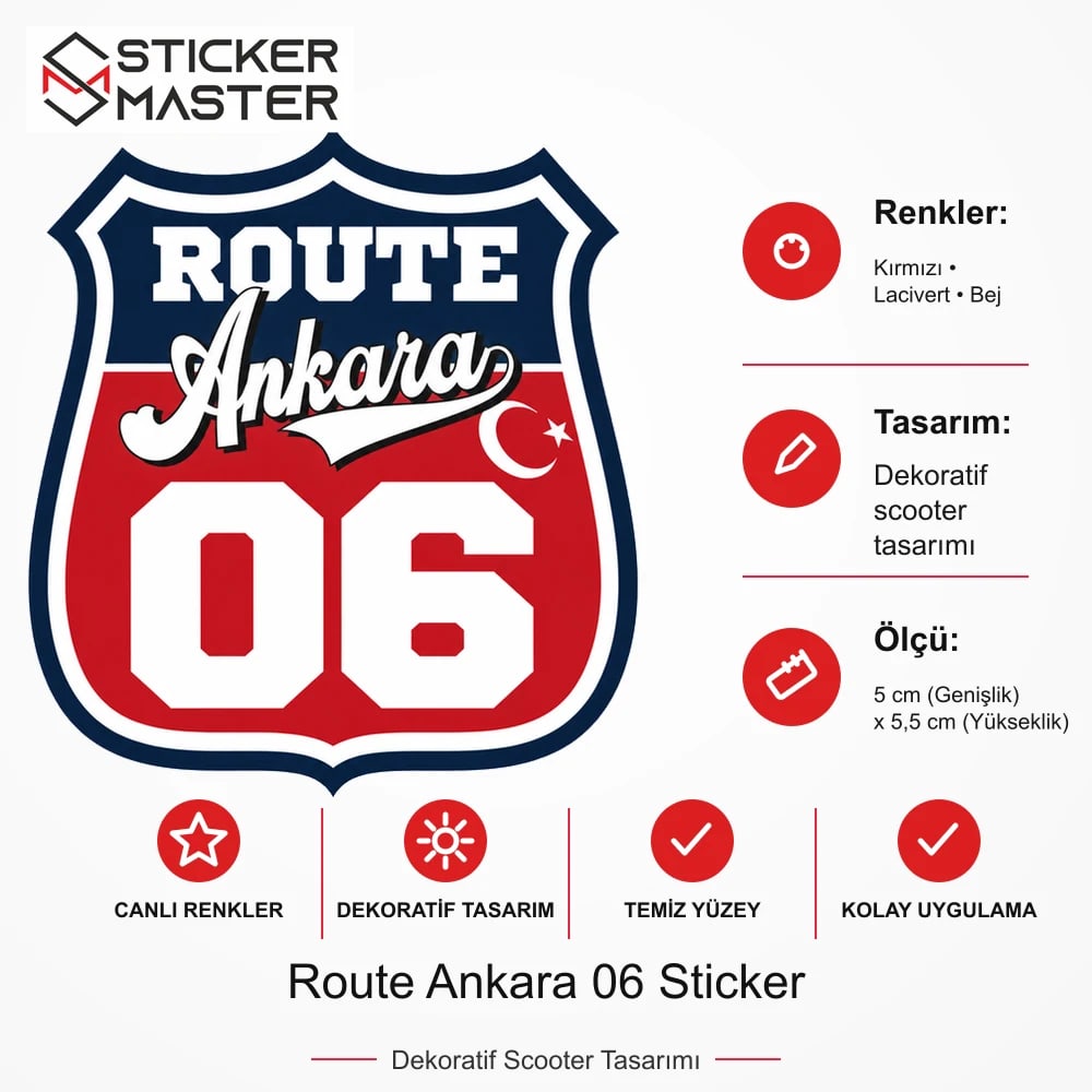 Vespa Uyumlu ROUP18 Route Ankara 06 Sticker VSP1475 ölçü, renk ve ürün bilgisi - 5 cm (Genişlik) x 5,5 cm (Yükseklik) - Sticker Master