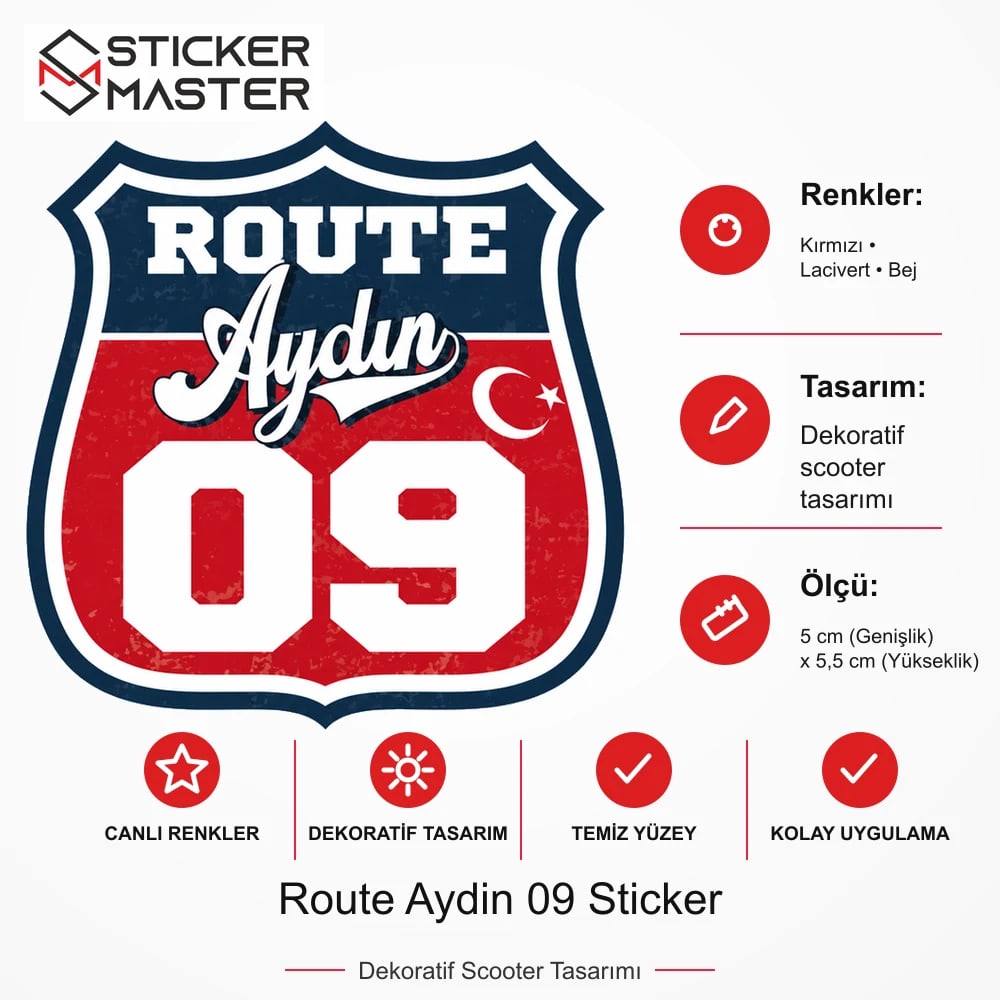 Vespa Uyumlu ROUP21 Route Aydin 09 Sticker VSP1478 ölçü, renk ve ürün bilgisi - 5 cm (Genişlik) x 5,5 cm (Yükseklik) - Sticker Master