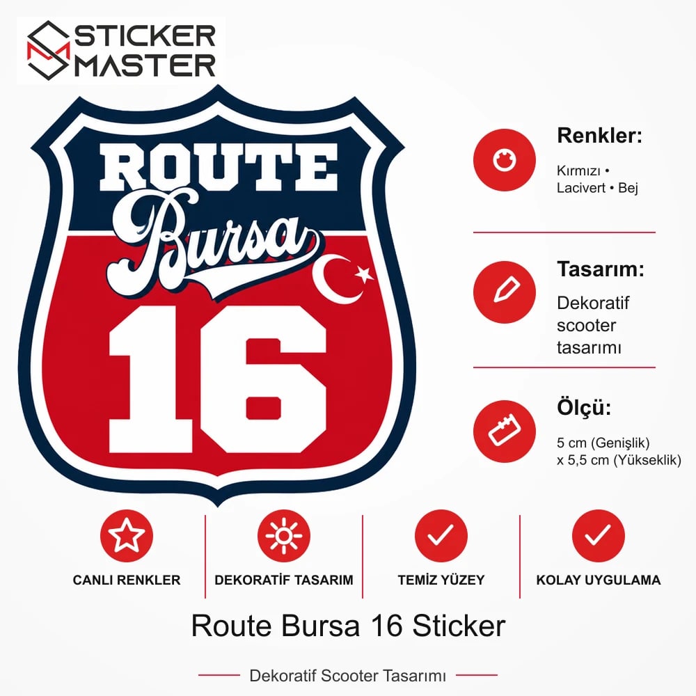 Vespa Uyumlu ROUP28 Route Bursa 16 Sticker VSP1485 ölçü, renk ve ürün bilgisi - 5 cm (Genişlik) x 5,5 cm (Yükseklik) - Sticker Master