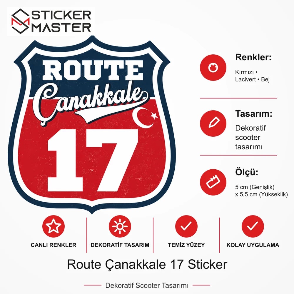 Vespa Uyumlu ROUP29 Route Çanakkale 17 Sticker VSP1486 ölçü, renk ve ürün bilgisi - 5 cm (Genişlik) x 5,5 cm (Yükseklik) - Sticker Master