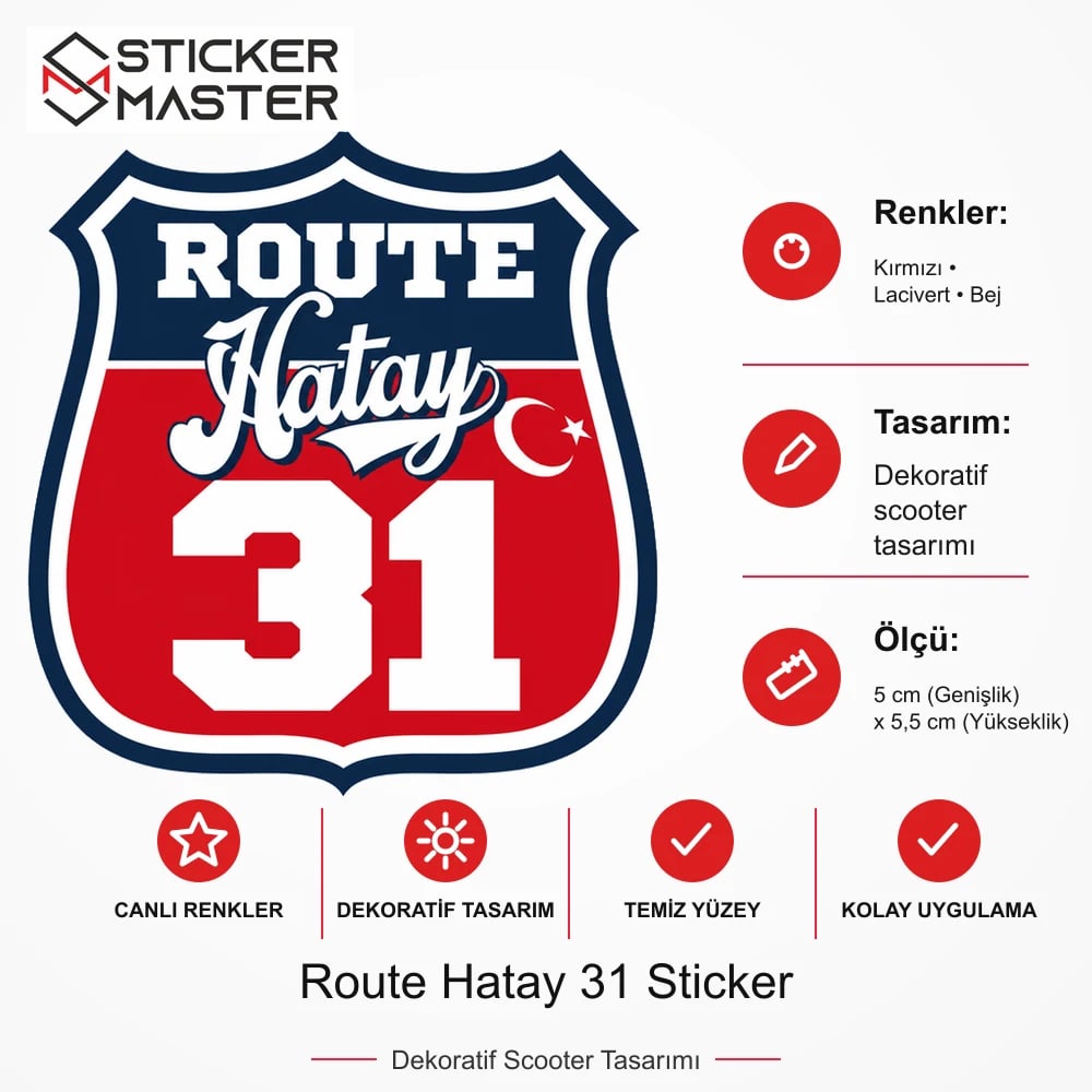 Vespa Uyumlu ROUP43 Route Hatay 31 Sticker VSP1500 ölçü, renk ve ürün bilgisi - 5 cm (Genişlik) x 5,5 cm (Yükseklik) - Sticker Master