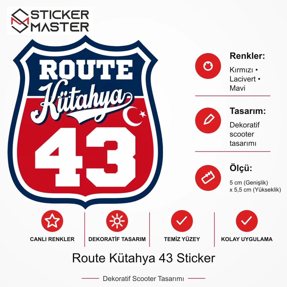 Vespa Uyumlu ROUP55 Route Kütahya 43 Sticker VSP1512 ölçü, renk ve ürün bilgisi - 5 cm (Genişlik) x 5,5 cm (Yükseklik) - Sticker Master
