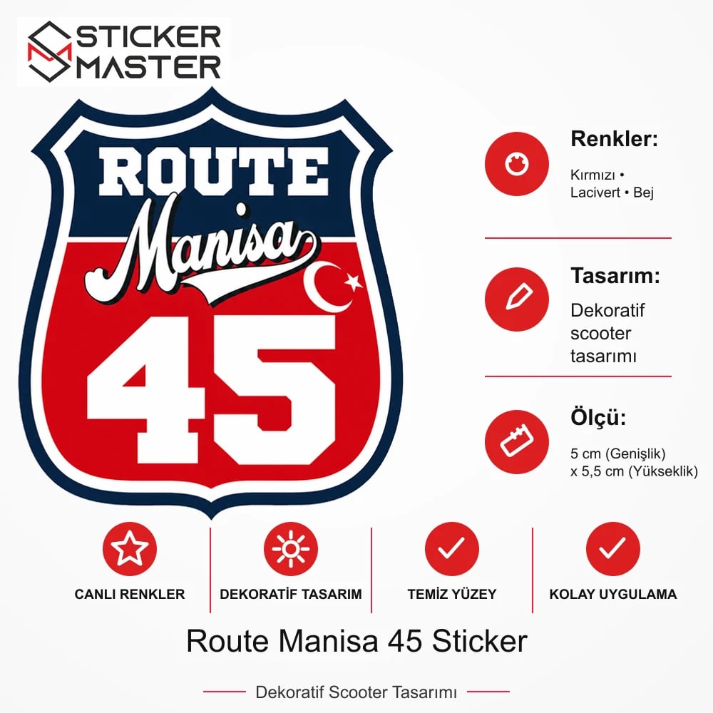 Vespa Uyumlu ROUP57 Route Manisa 45 Sticker VSP1514 ölçü, renk ve ürün bilgisi - 5 cm (Genişlik) x 5,5 cm (Yükseklik) - Sticker Master