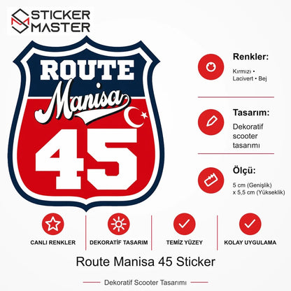 Vespa Uyumlu ROUP57 Route Manisa 45 Sticker VSP1514 ölçü, renk ve ürün bilgisi - 5 cm (Genişlik) x 5,5 cm (Yükseklik) - Sticker Master