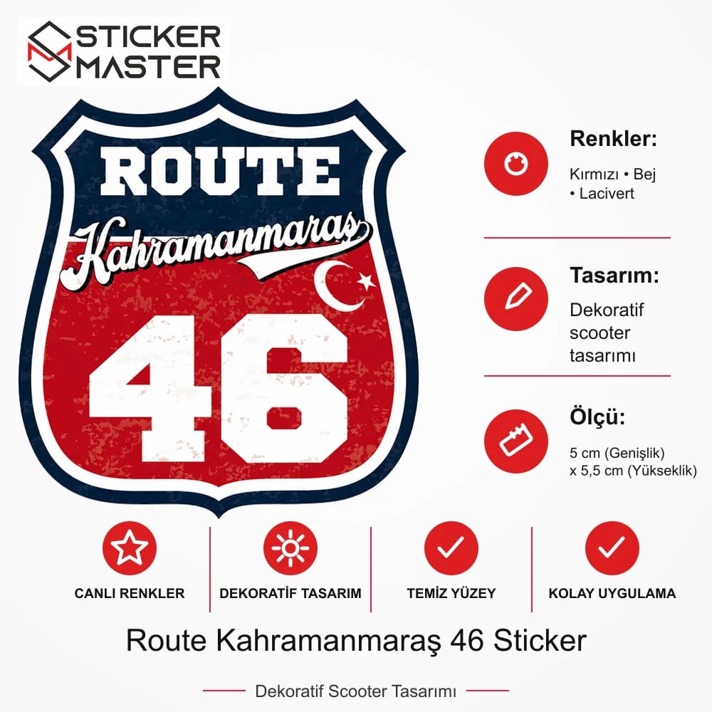 Vespa Uyumlu ROUP58 Route Kahramanmaraş 46 Sticker VSP1515 ölçü, renk ve ürün bilgisi - 5 cm (Genişlik) x 5,5 cm (Yükseklik) - Sticker Master