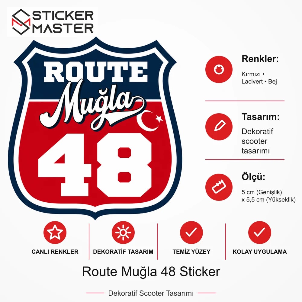 Vespa Uyumlu ROUP60 Route Muğla 48 Sticker VSP1517 ölçü, renk ve ürün bilgisi - 5 cm (Genişlik) x 5,5 cm (Yükseklik) - Sticker Master