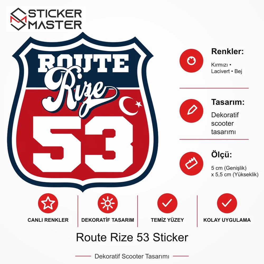 Vespa Uyumlu ROUP65 Route Rize 53 Sticker VSP1522 ölçü, renk ve ürün bilgisi - 5 cm (Genişlik) x 5,5 cm (Yükseklik) - Sticker Master