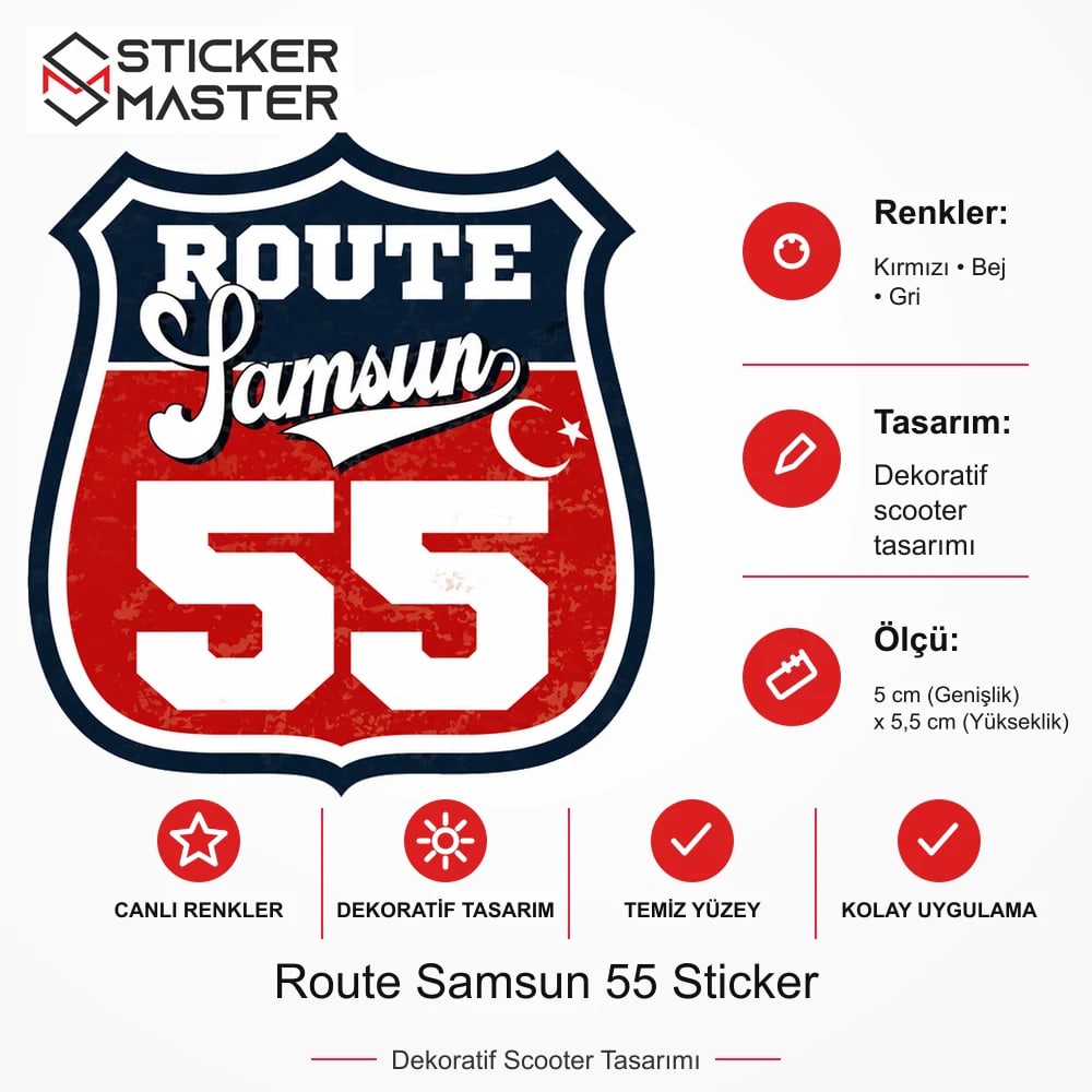 Vespa Uyumlu ROUP67 Route Samsun 55 Sticker VSP1524 ölçü, renk ve ürün bilgisi - 5 cm (Genişlik) x 5,5 cm (Yükseklik) - Sticker Master