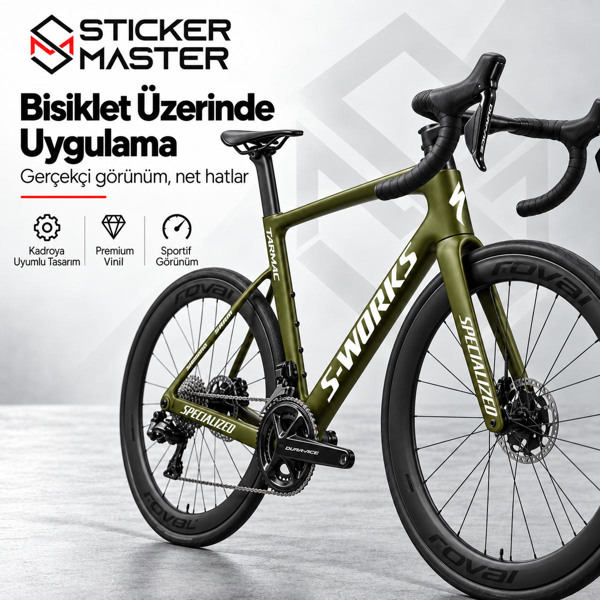 Specialized S-Works Tarmac uyumlu sticker seti bisiklet üzerinde uygulama