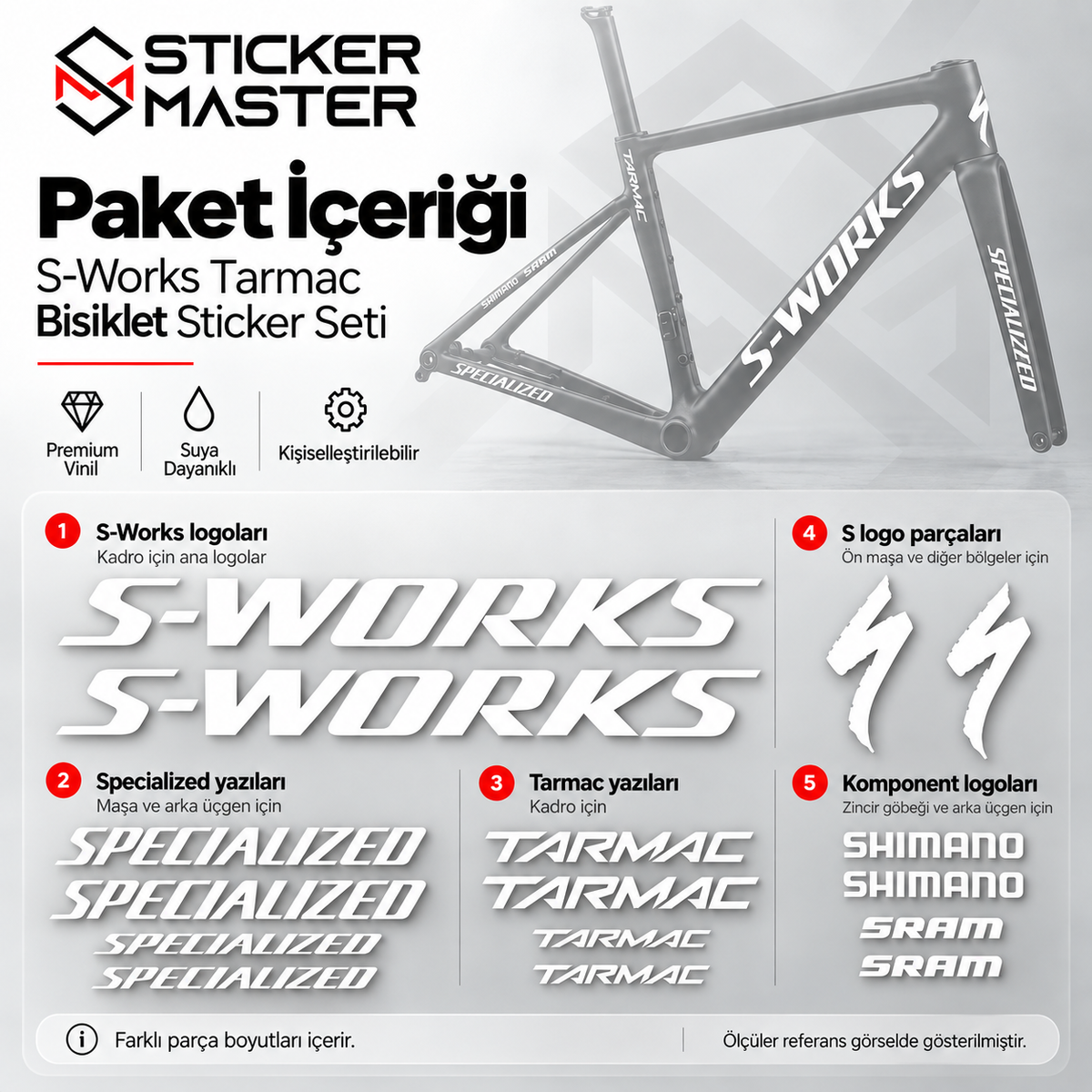 Specialized S-Works Tarmac uyumlu sticker seti paket içeriği