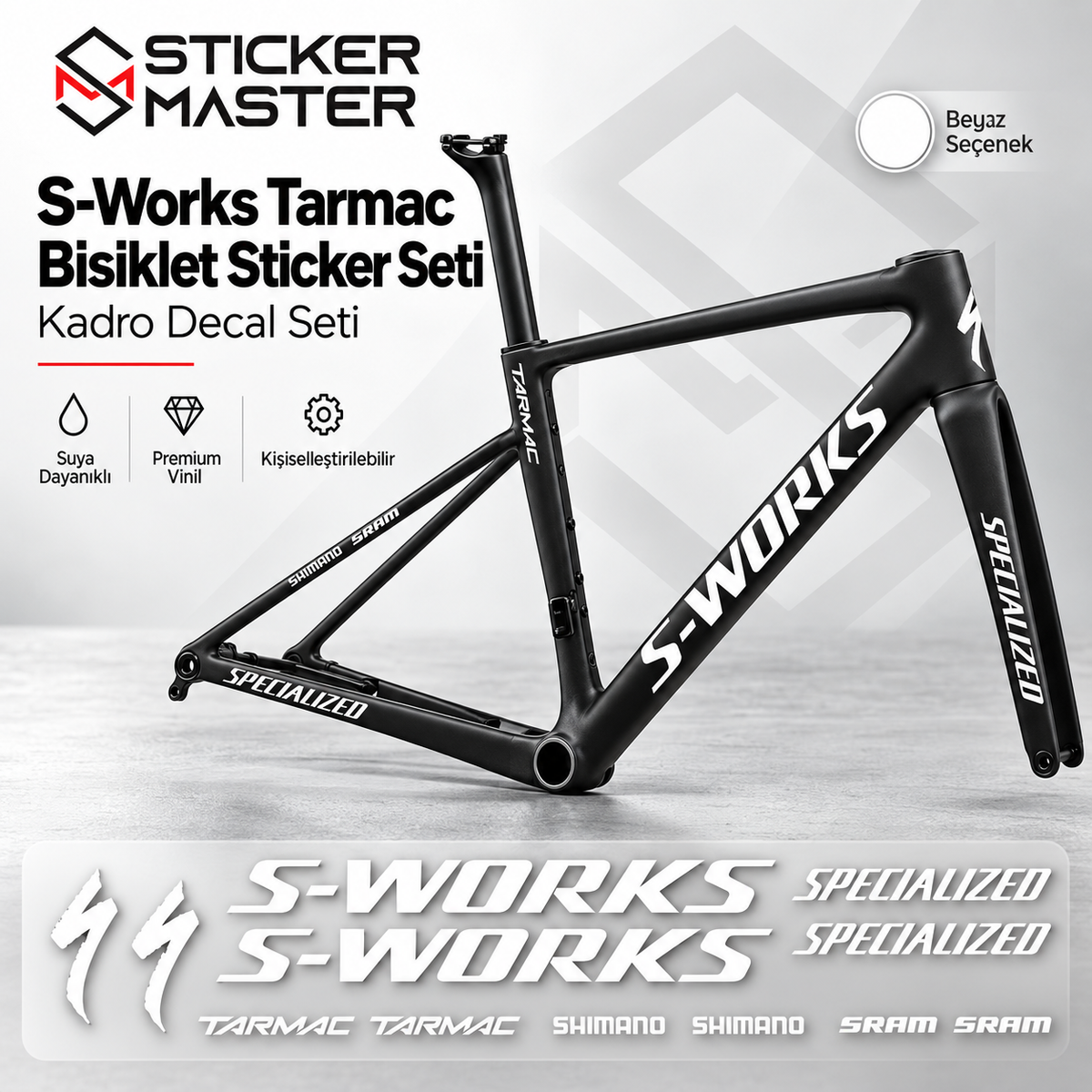 Specialized S-Works Tarmac uyumlu bisiklet sticker seti beyaz uygulama