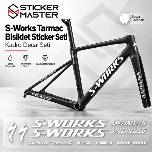 Specialized S-Works Tarmac uyumlu bisiklet sticker seti beyaz uygulama