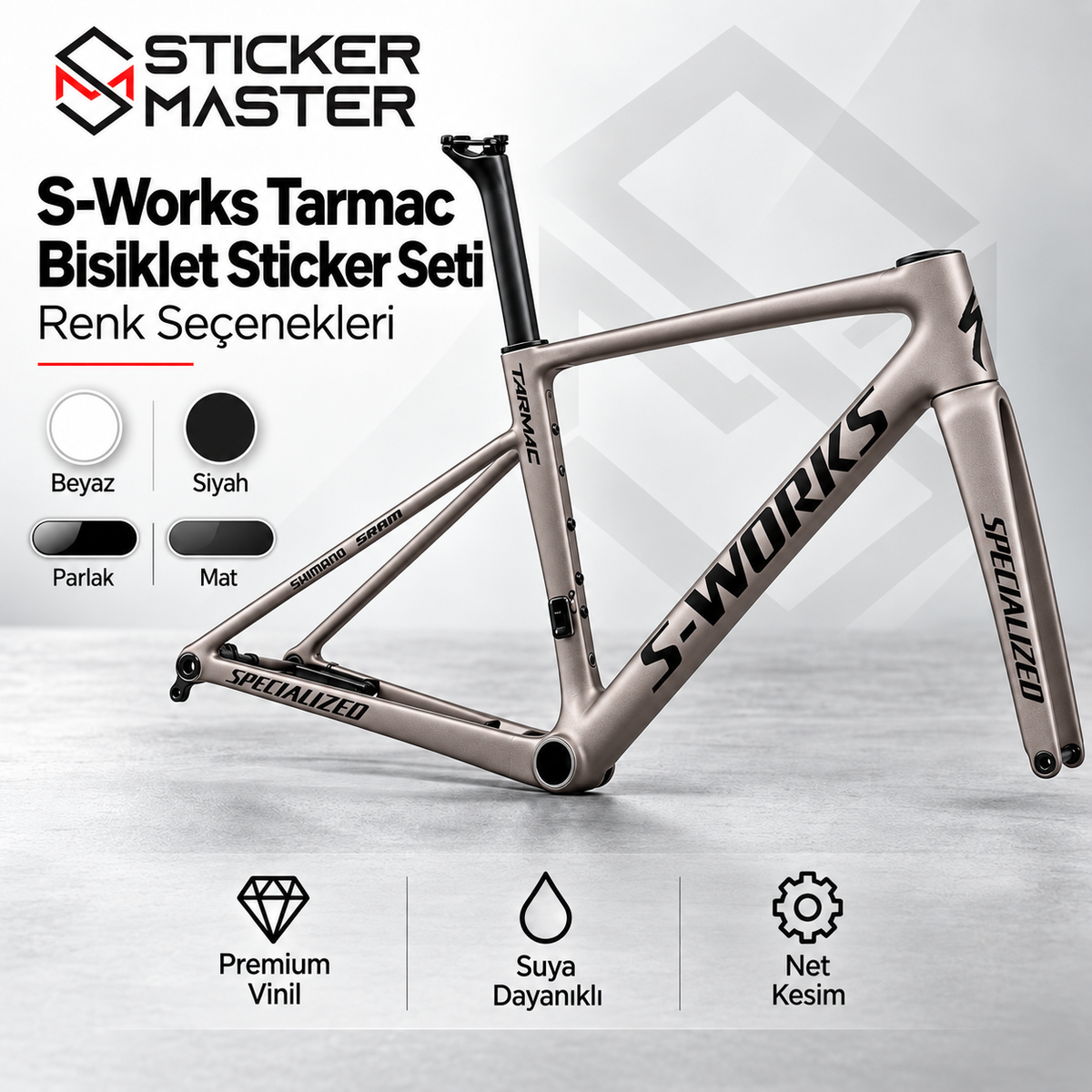 Specialized S-Works Tarmac uyumlu bisiklet sticker seti renk seçenekleri