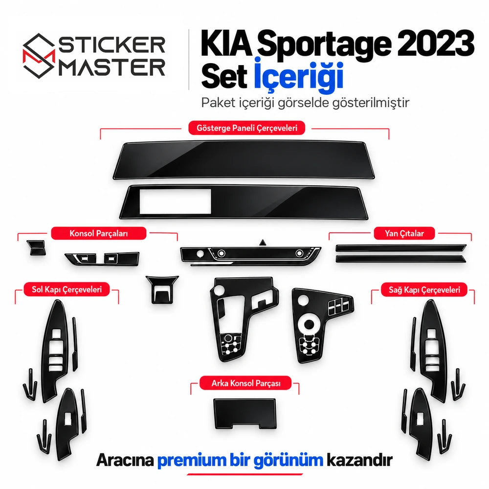 KIA Sportage 2023 için araç içi folyo kaplama seti parça içerikleri