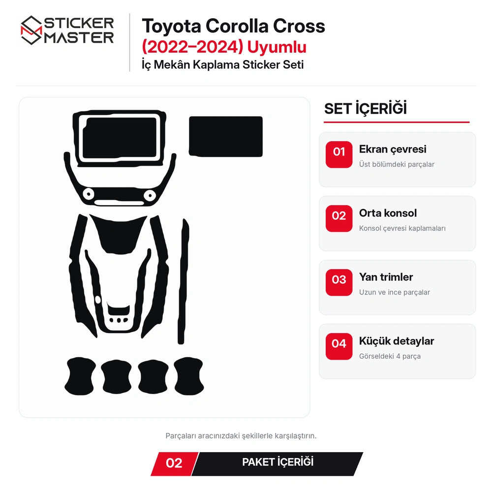 Toyota Corolla Cross 2022-2024 iç mekân sticker paket içeriği