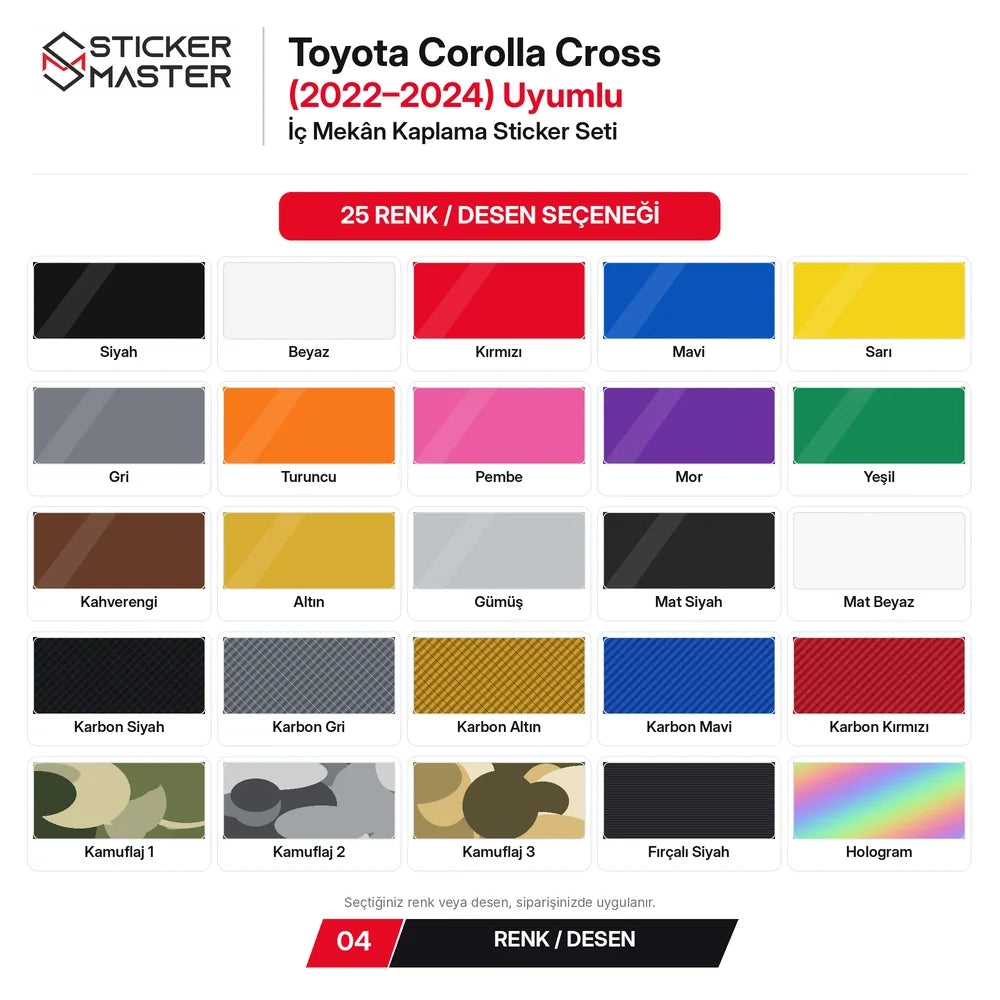 Toyota Corolla Cross 2022-2024 25 renk ve desen seçeneği