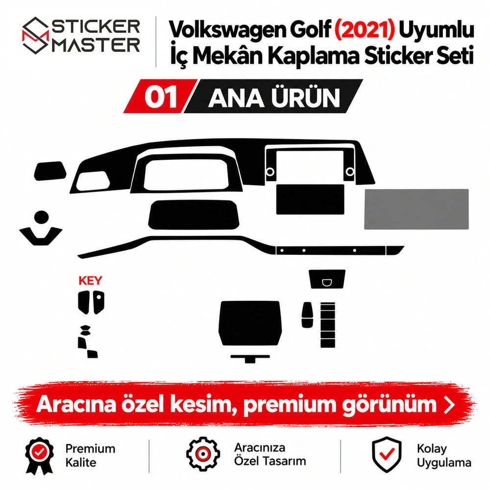 Volkswagen Golf 2021 iç mekân sticker seti ana ürün parça şekilleri