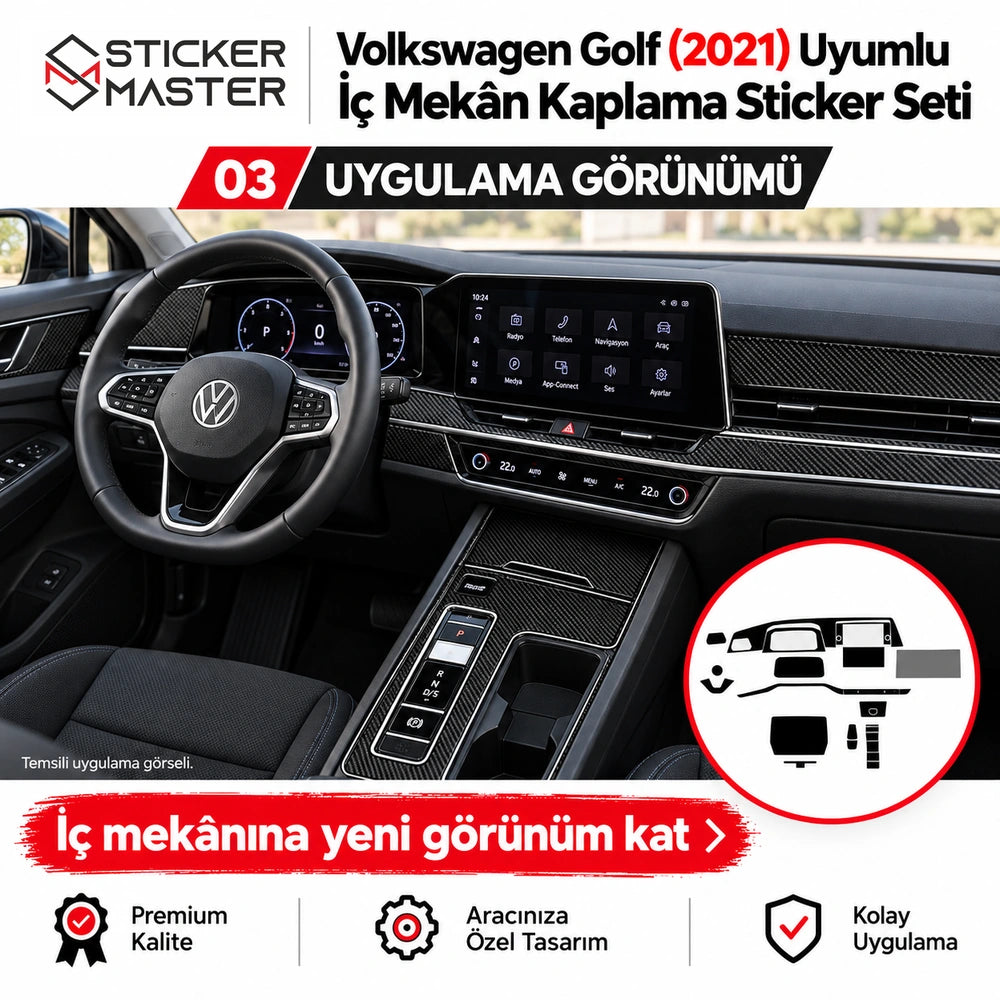 Volkswagen Golf 2021 iç mekân folyo kaplama seti temsili uygulama görünümü