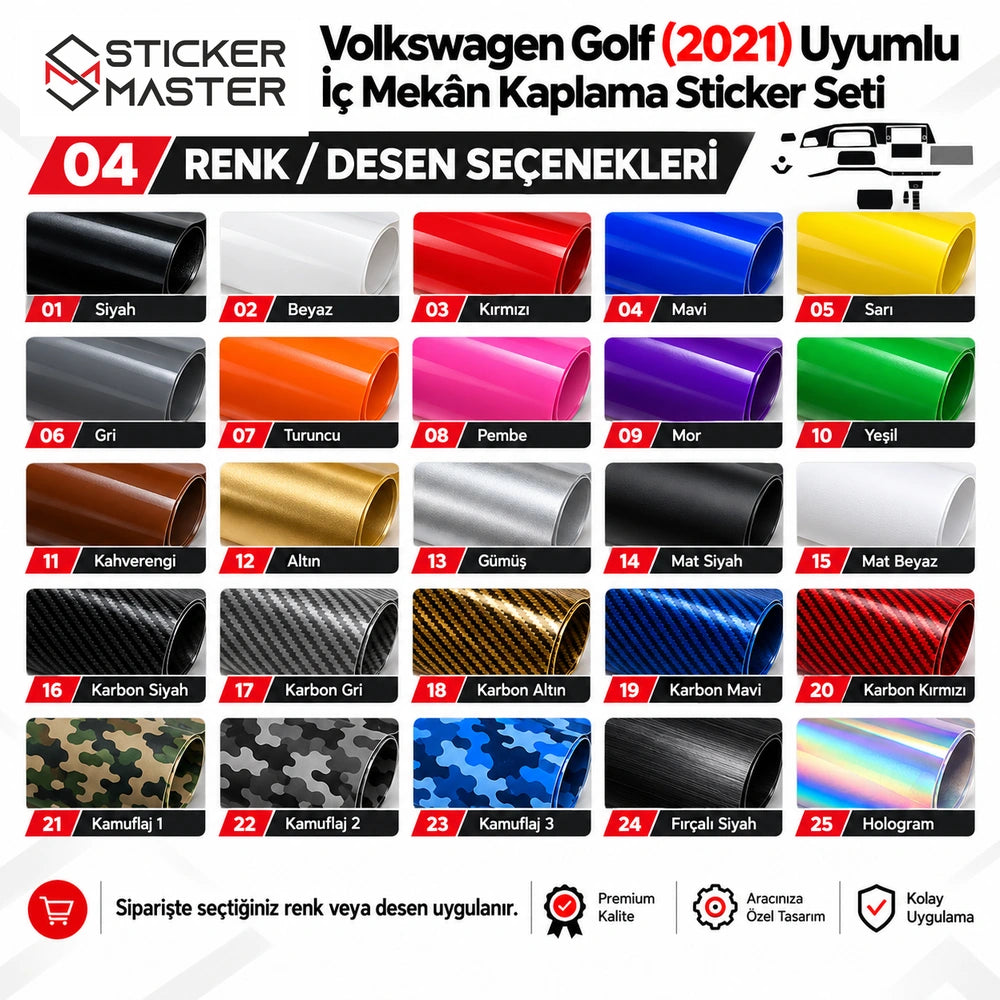 Volkswagen Golf 2021 iç mekân sticker seti 25 renk ve desen