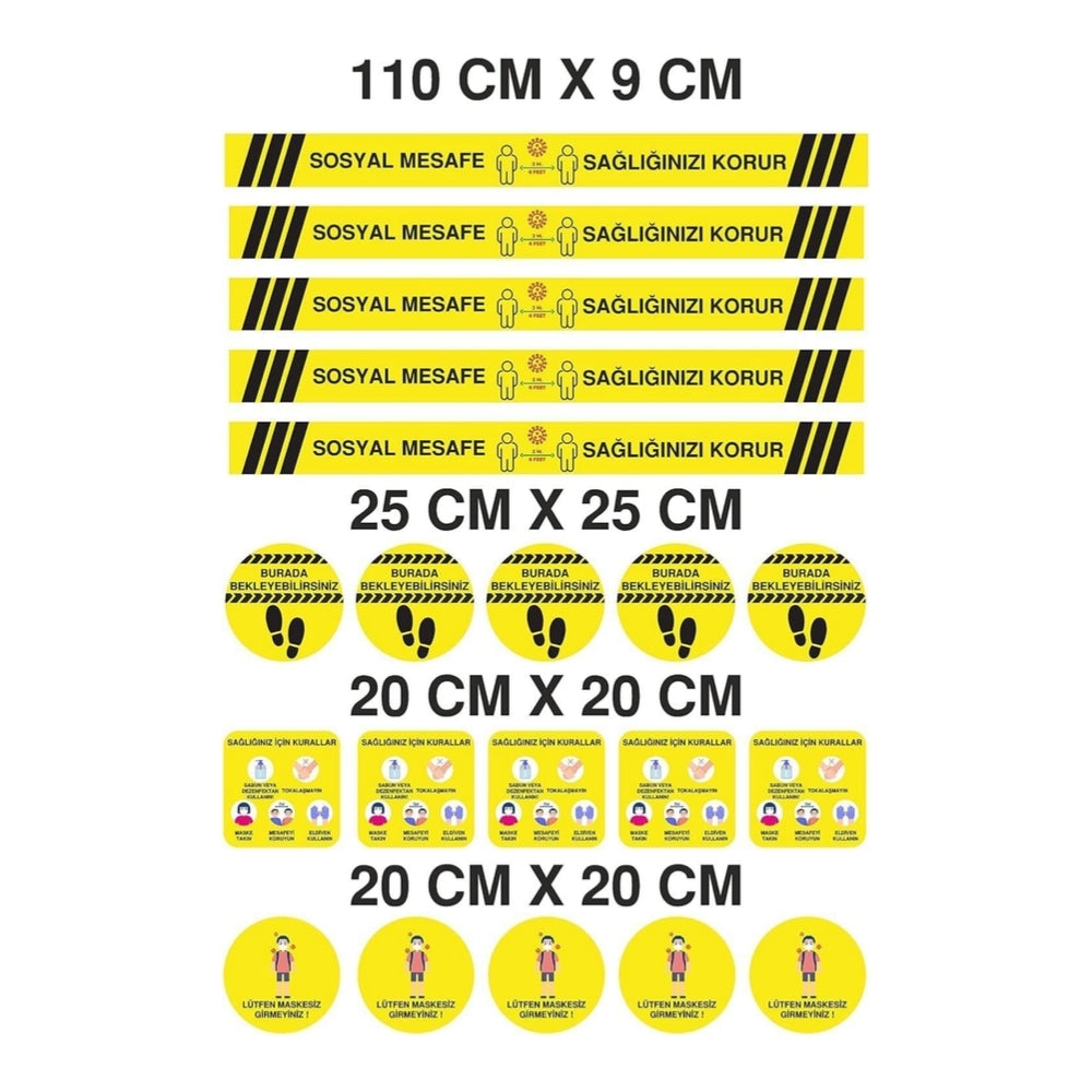 Sticker Master Sosyal Mesafe Uyarı Sticker 5 Li Set 20 Adet Sarı