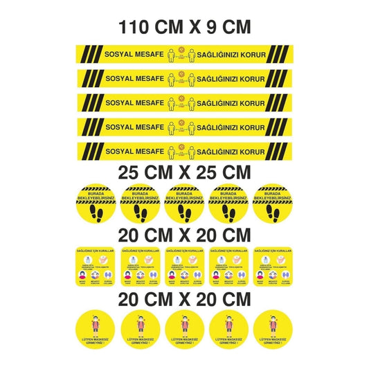 Sticker Master Sosyal Mesafe Uyarı Sticker 5 Li Set 20 Adet Sarı