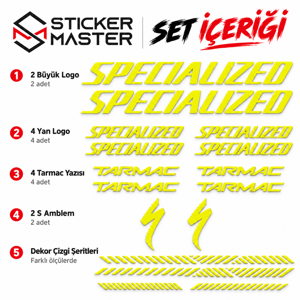 Specialized Tarmac uyumlu sticker seti paket içeriği