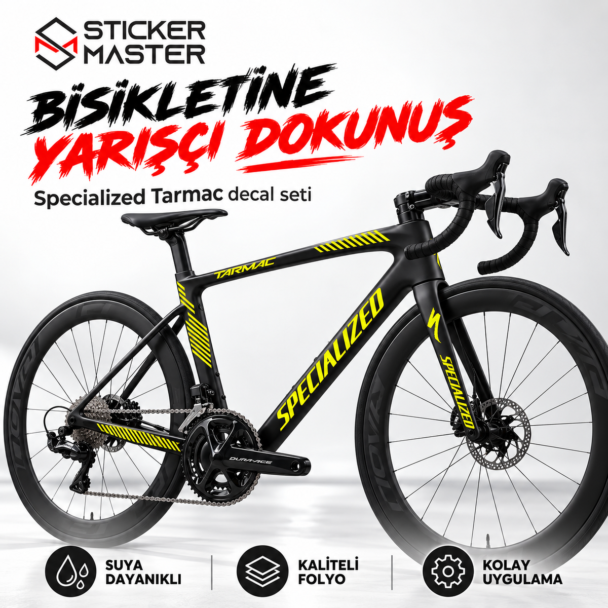 Specialized Tarmac uyumlu bisiklet sticker seti bisiklet uygulama görseli