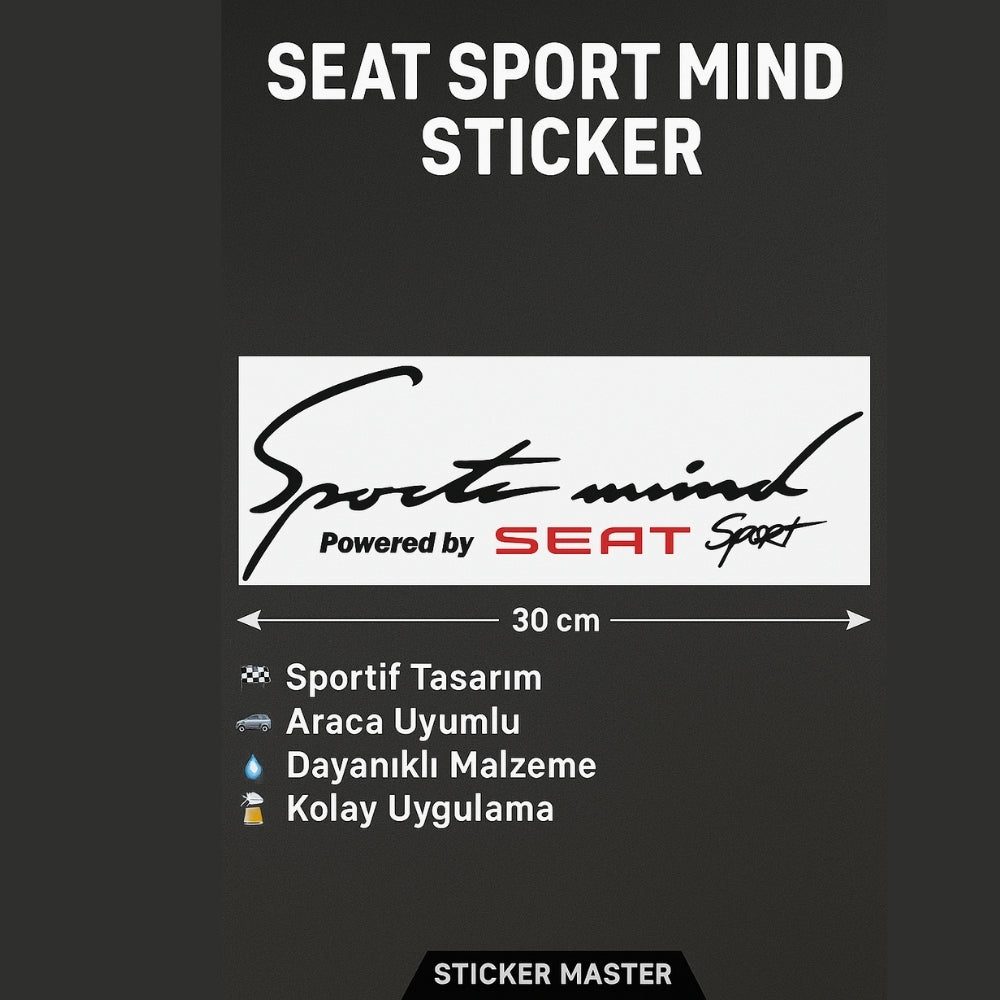 Sticker Master Seat Sport Mind Sticker - Araba Camı veya Kaput İçin Dayanıklı Yazı Stickerı - 30 cm