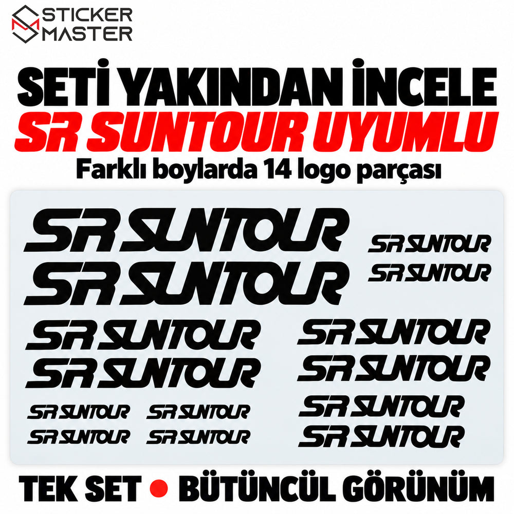 SR Suntour uyumlu setin farklı boylarda 14 siyah logo parçası