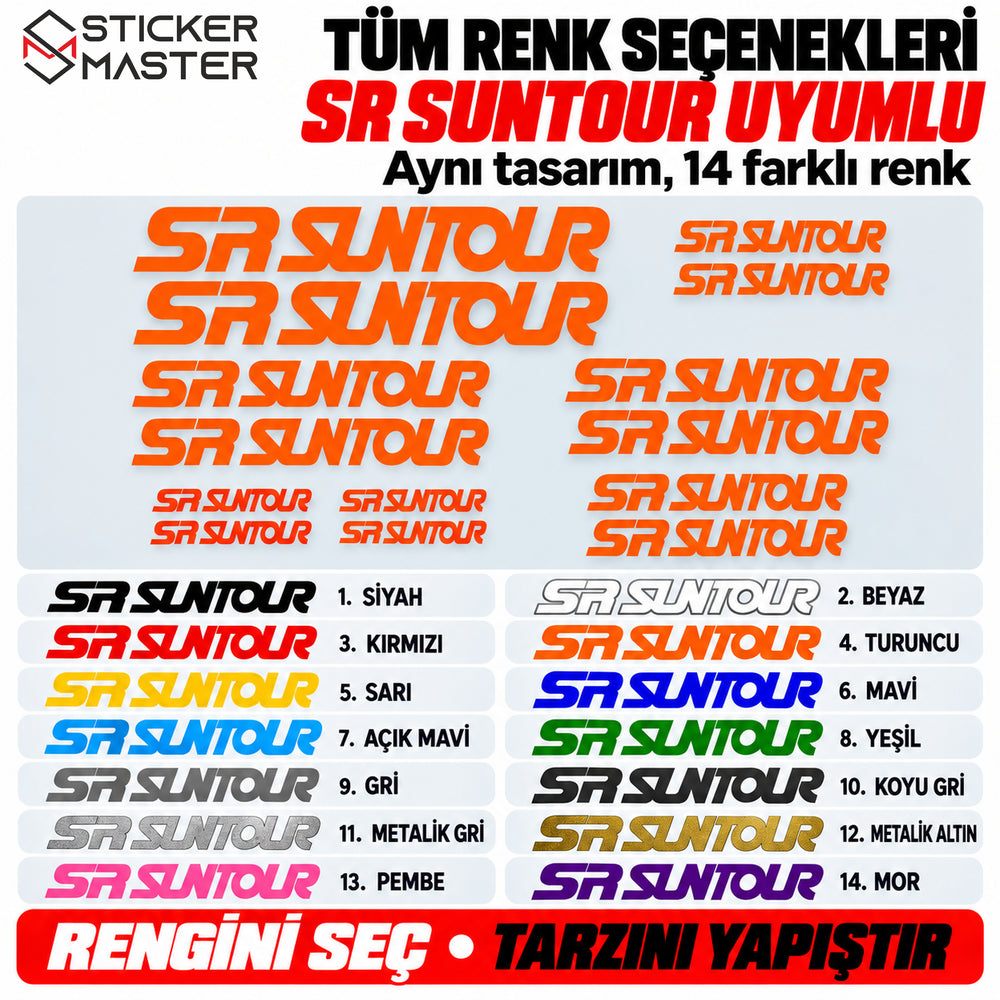 SR Suntour uyumlu logo sticker setinin 14 renk seçeneği