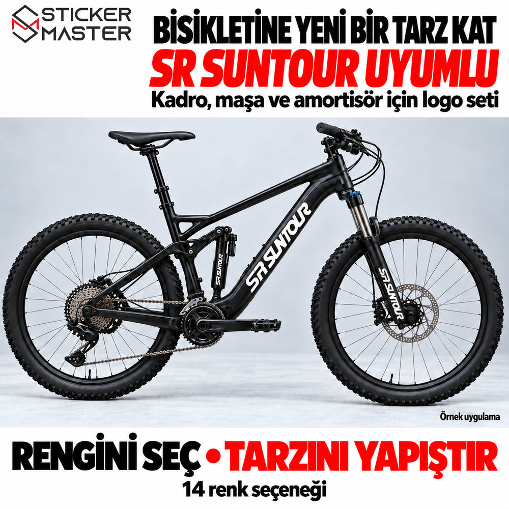 Beyaz SR Suntour uyumlu logo stickerların siyah bisiklet kadrosu, maşa ve amortisöründe örnek uygulaması