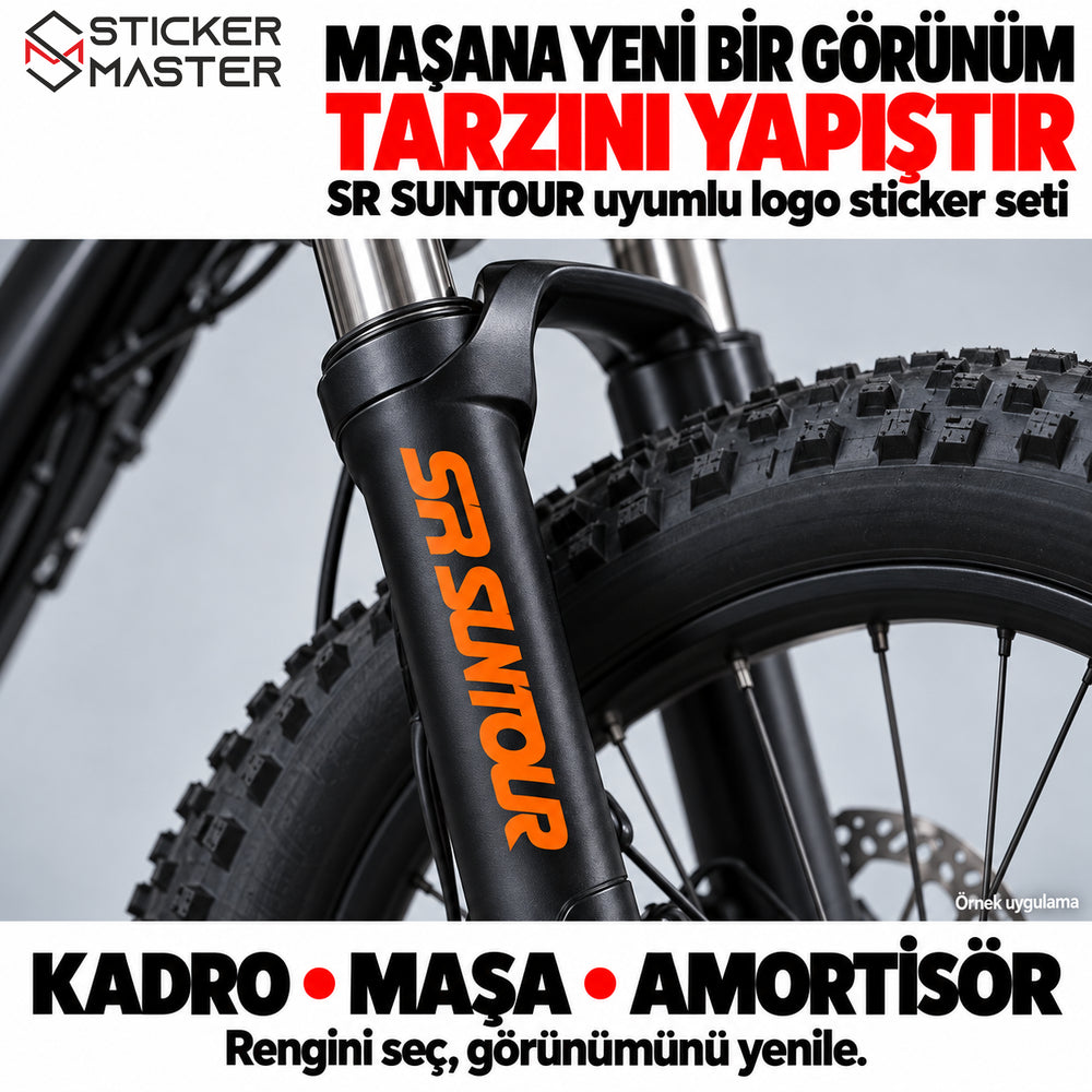 Turuncu SR Suntour uyumlu logo stickerın siyah bisiklet maşasında örnek uygulaması