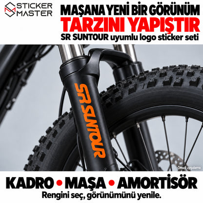Turuncu SR Suntour uyumlu logo stickerın siyah bisiklet maşasında örnek uygulaması