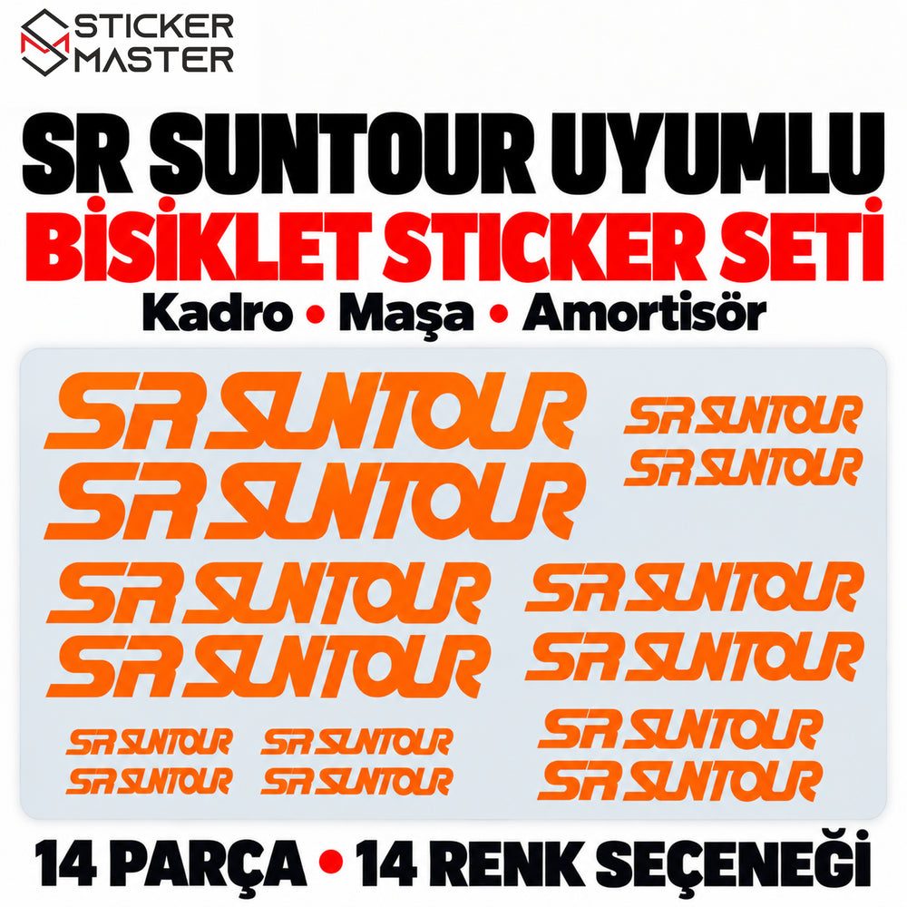 SR Suntour uyumlu 14 parçalık turuncu bisiklet logo sticker seti
