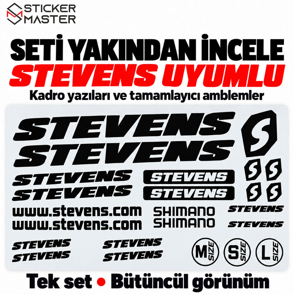 STEVENS uyumlu bisiklet sticker setindeki kadro yazıları ve tamamlayıcı amblemler