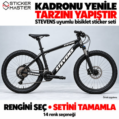 Beyaz STEVENS uyumlu sticker setinin siyah bisiklet üzerinde örnek uygulaması
