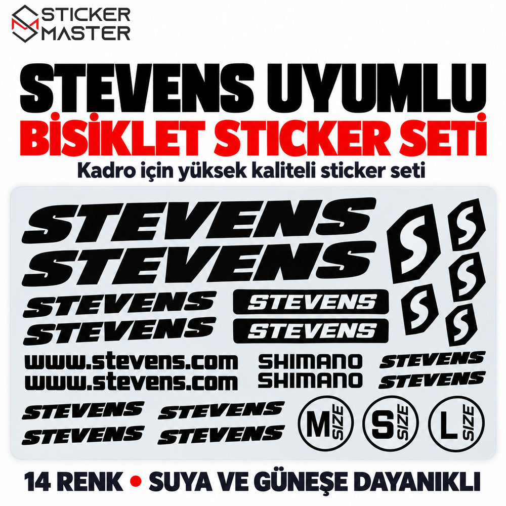 STEVENS uyumlu bisiklet kadro sticker seti, siyah yazı ve amblem tasarımları