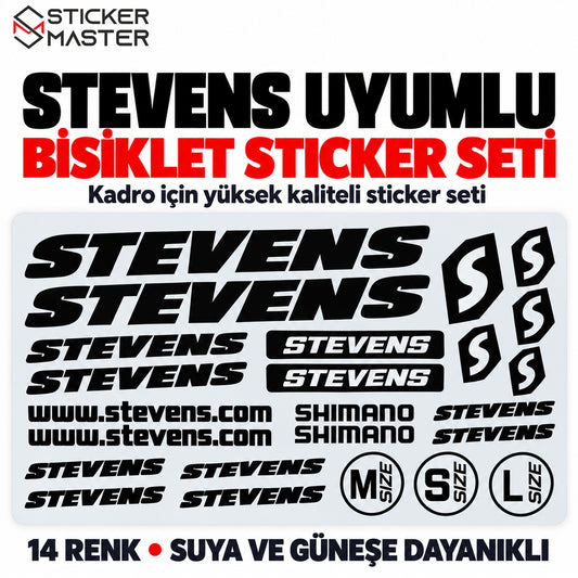 STEVENS uyumlu bisiklet kadro sticker seti, siyah yazı ve amblem tasarımları