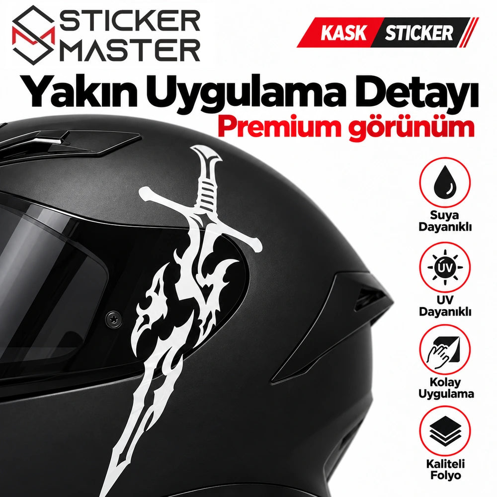 Kılıç alev motosiklet kask sticker yakın uygulama detayı