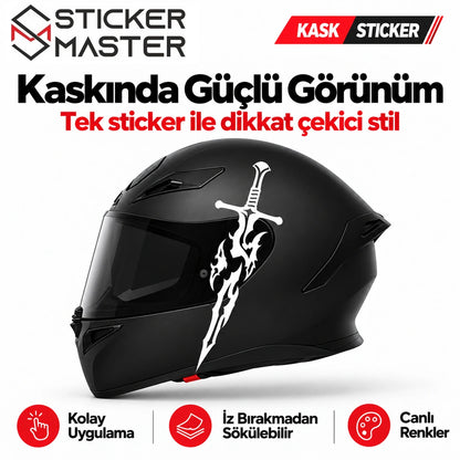 Kılıç alev desenli sticker siyah motosiklet kaskı uygulama örneği