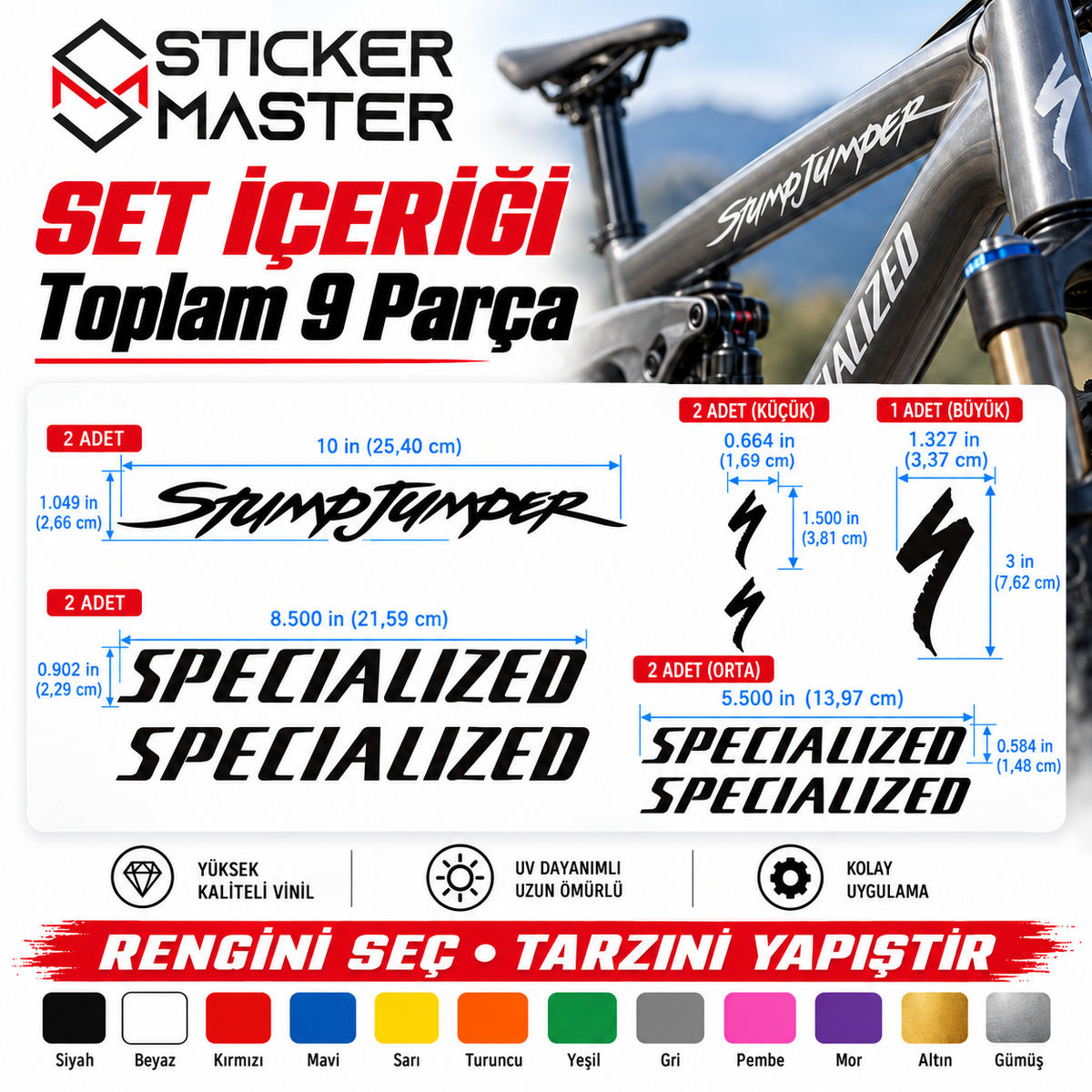 Stumpjumper uyumlu 9 parça sticker set içeriği ve cm inç ölçüler