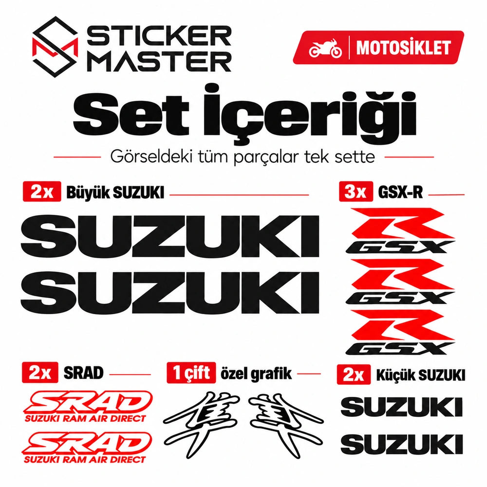 Suzuki GSX-R SRAD 11 parça sticker seti içerik ve adetleri