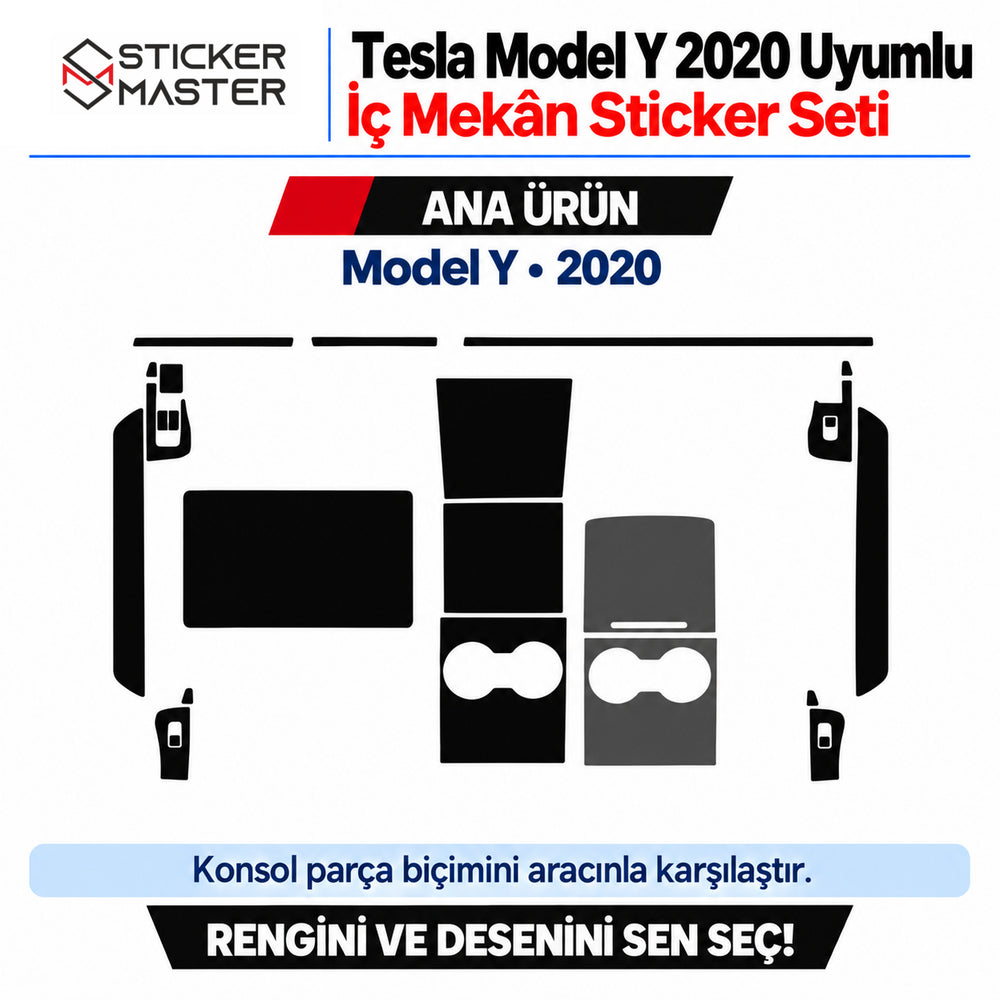 Tesla Model Y 2020 iç mekân sticker seti ince ön göğüs şeritleri, panel, farklı konsol biçimleri, bardaklık ve kapı kumanda çevresi parça şeması
